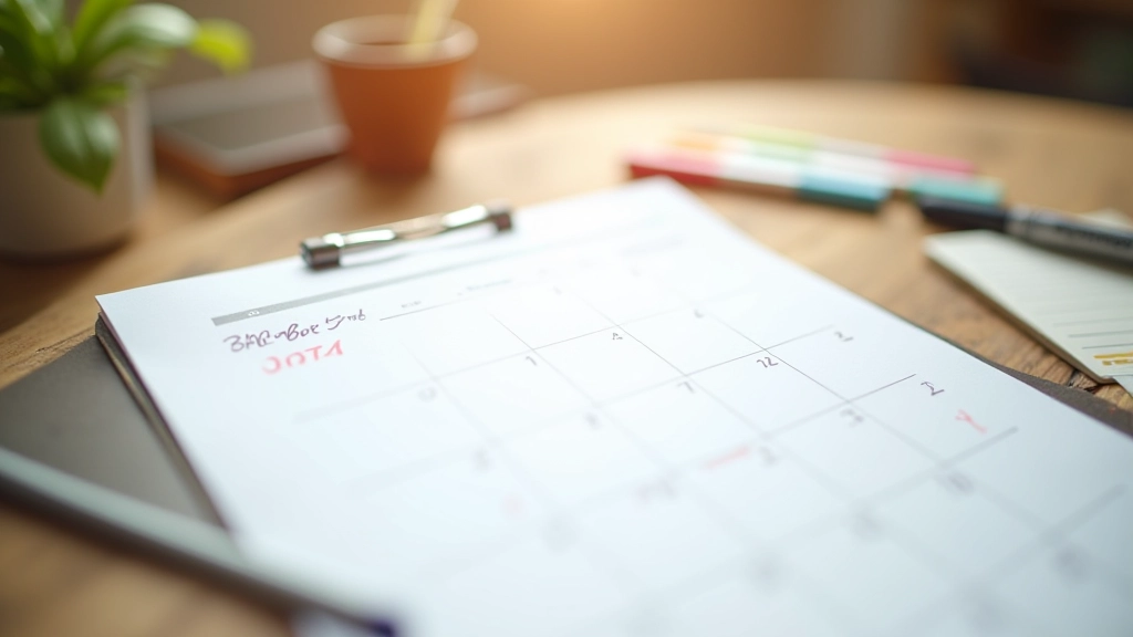 Calendar planner with event dates marked, color-coded timeline categories, notebook with pen