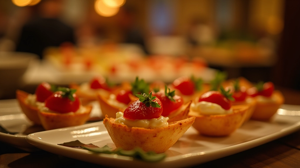 Variety of catered appetizers and hors d'oeuvres arranged on serving platters with garnish