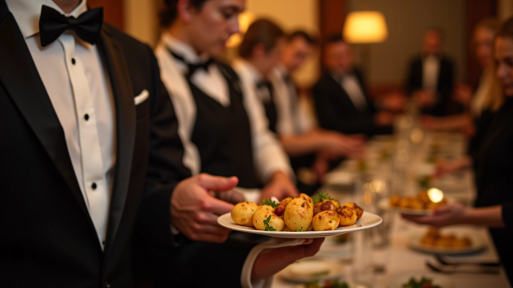 Professional catering staff in uniform serving food to event guests at formal dinner