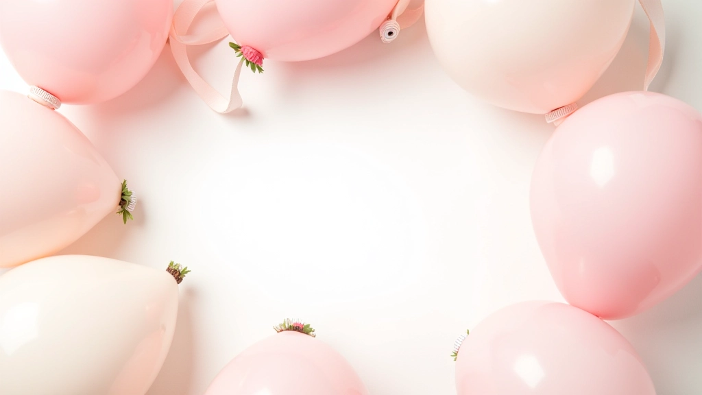 Close-up of decorative elements including balloons, ribbons, and floral arrangements with color palette samples