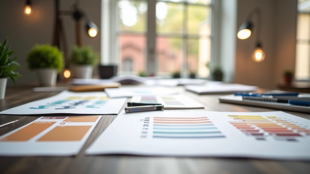 Event planning workspace with mood boards and design materials for venue decoration