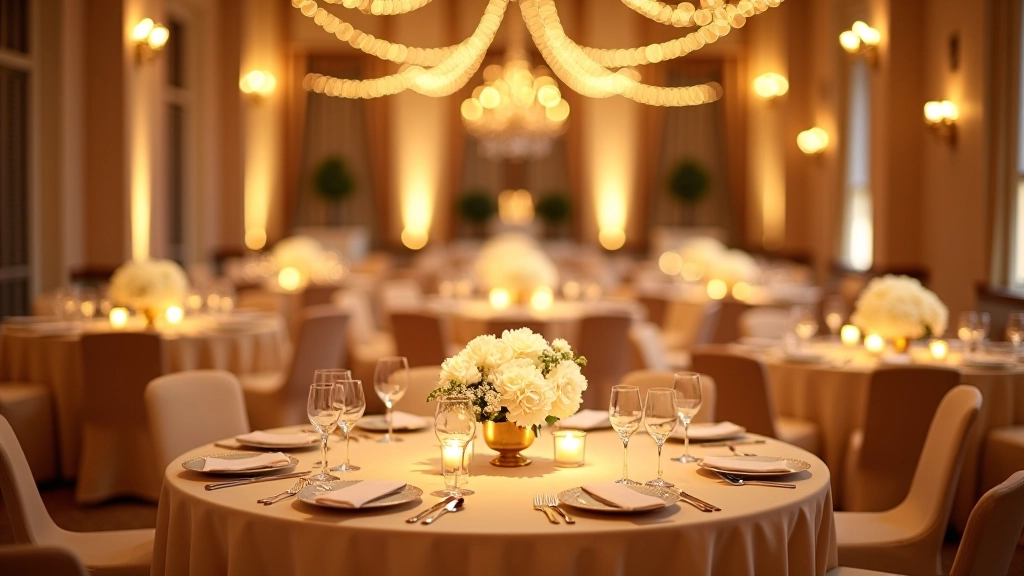 Elegant formal ballroom decorated with floral centerpieces, string lights, and table settings for corporate event