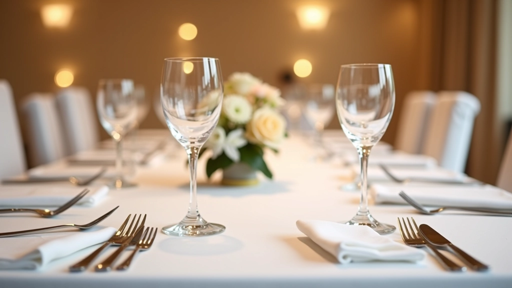 Elegant formal table setting with white napkins, silverware, and floral centerpiece arrangement for upscale corporate dinner event