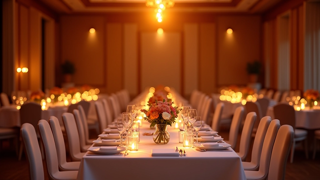 Beautifully decorated event venue with elegant table settings, centerpieces, and ambient lighting