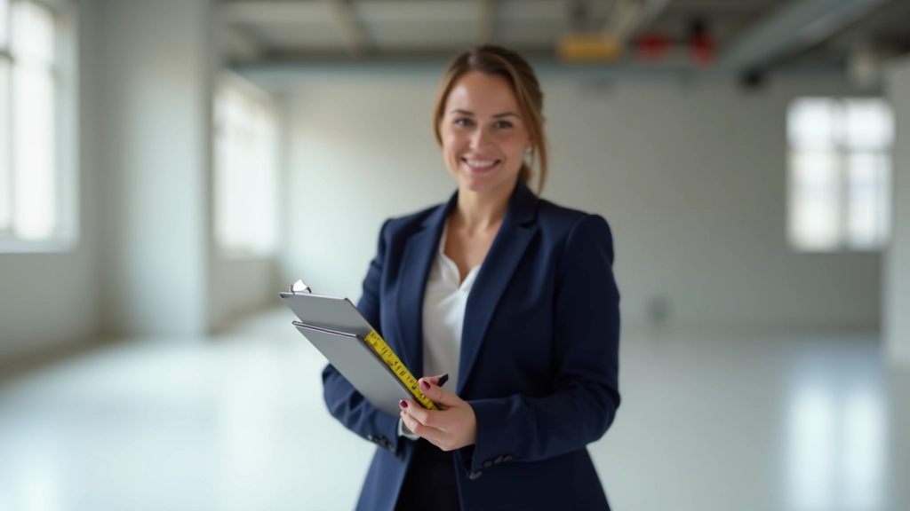 Event planner measuring venue space with measuring tape, taking notes on clipboard, assessing room dimensions