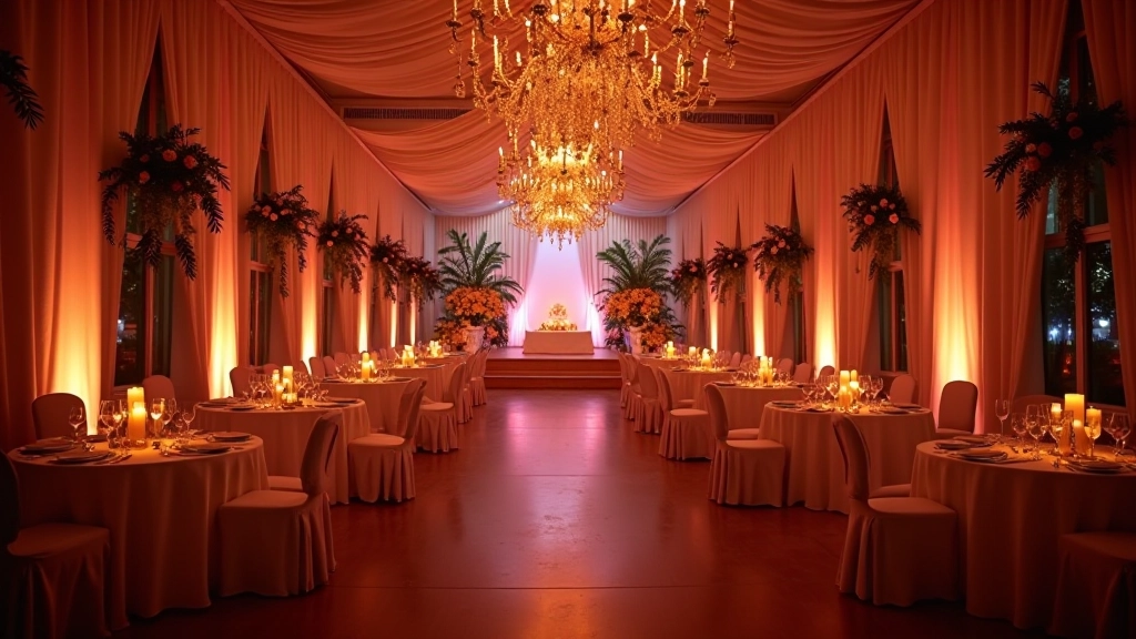 Beautifully decorated event venue with elegant table settings and ambient lighting