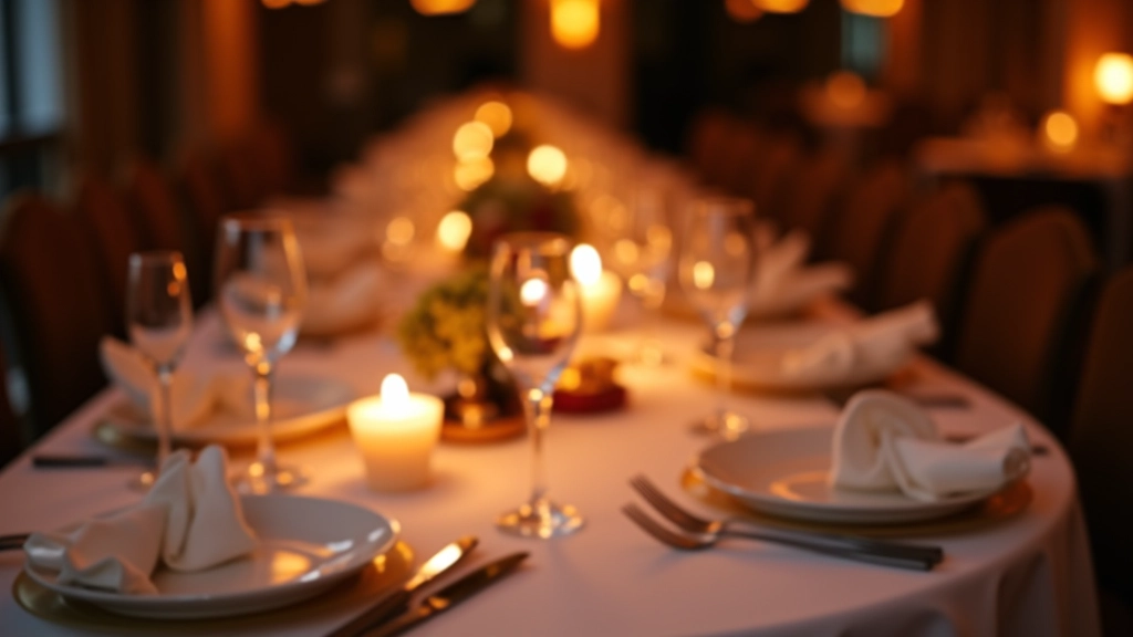 Formal dining table with lit candles in centerpiece, elegant white place settings, and soft warm lighting
