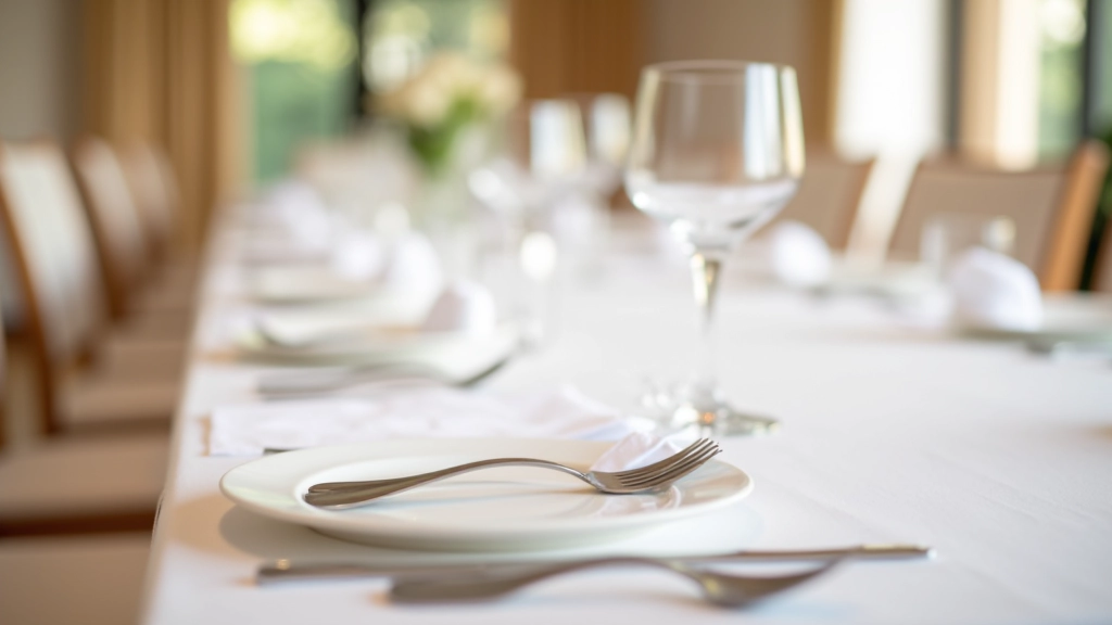 Multiple formal place settings arranged in a row on long dining table with matching centerpieces