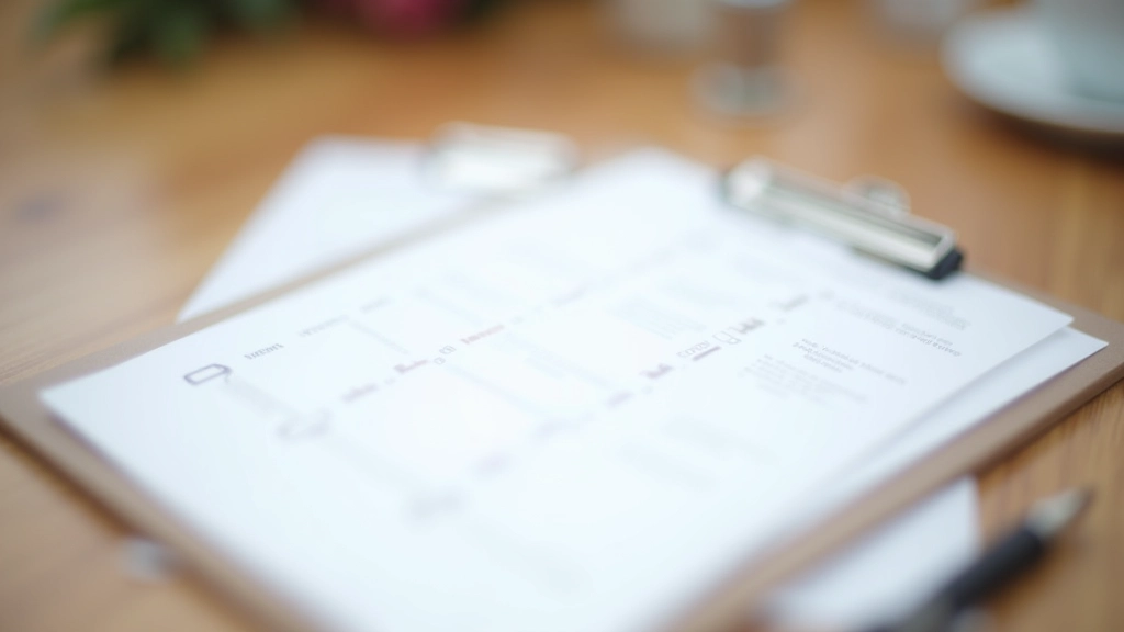 Printed day-of event timeline schedule with hourly breakdown, clipboard with checklist items