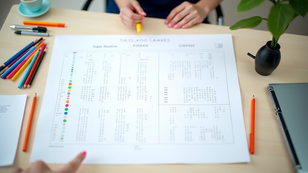 Detailed seating chart on paper with color-coded table assignments and place card names