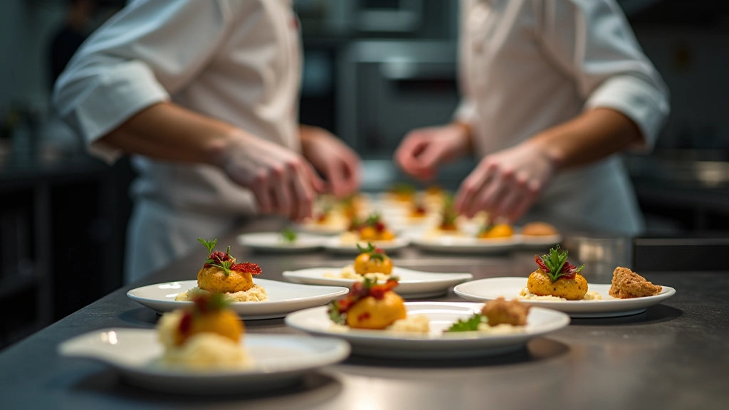 Professional caterer plating gourmet dishes in commercial kitchen during event catering preparation