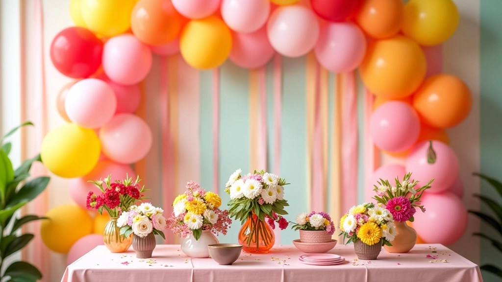 Vibrant colorful party decorations and balloon arrangements in modern event venue